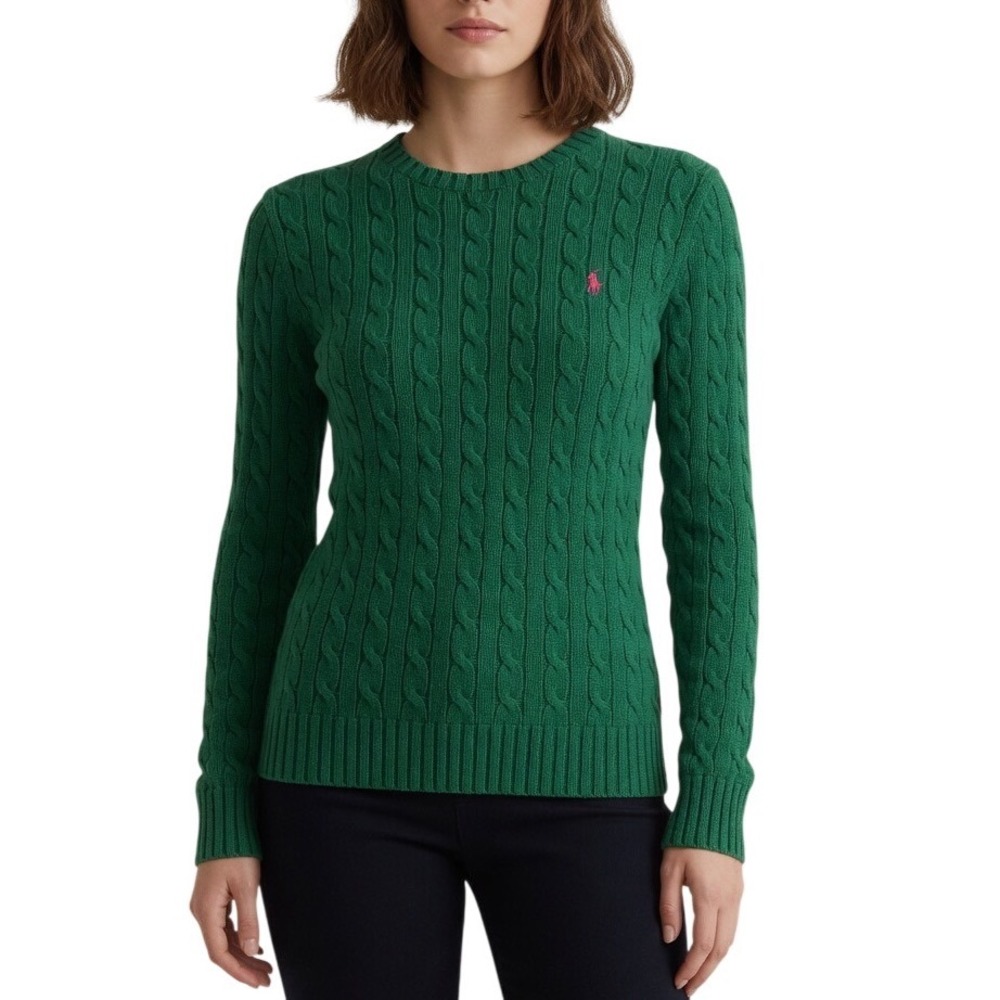 Ralph Lauren Sport Womens XL Green Cable Knit Cotton Crewneck Sweater Pink Pony